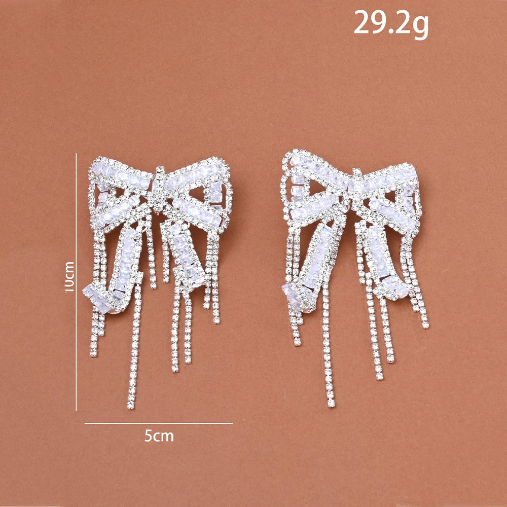 Bowknot Tassel Earrings Statement Jewelry Rhinestone Dangle Earrings Non Piercing