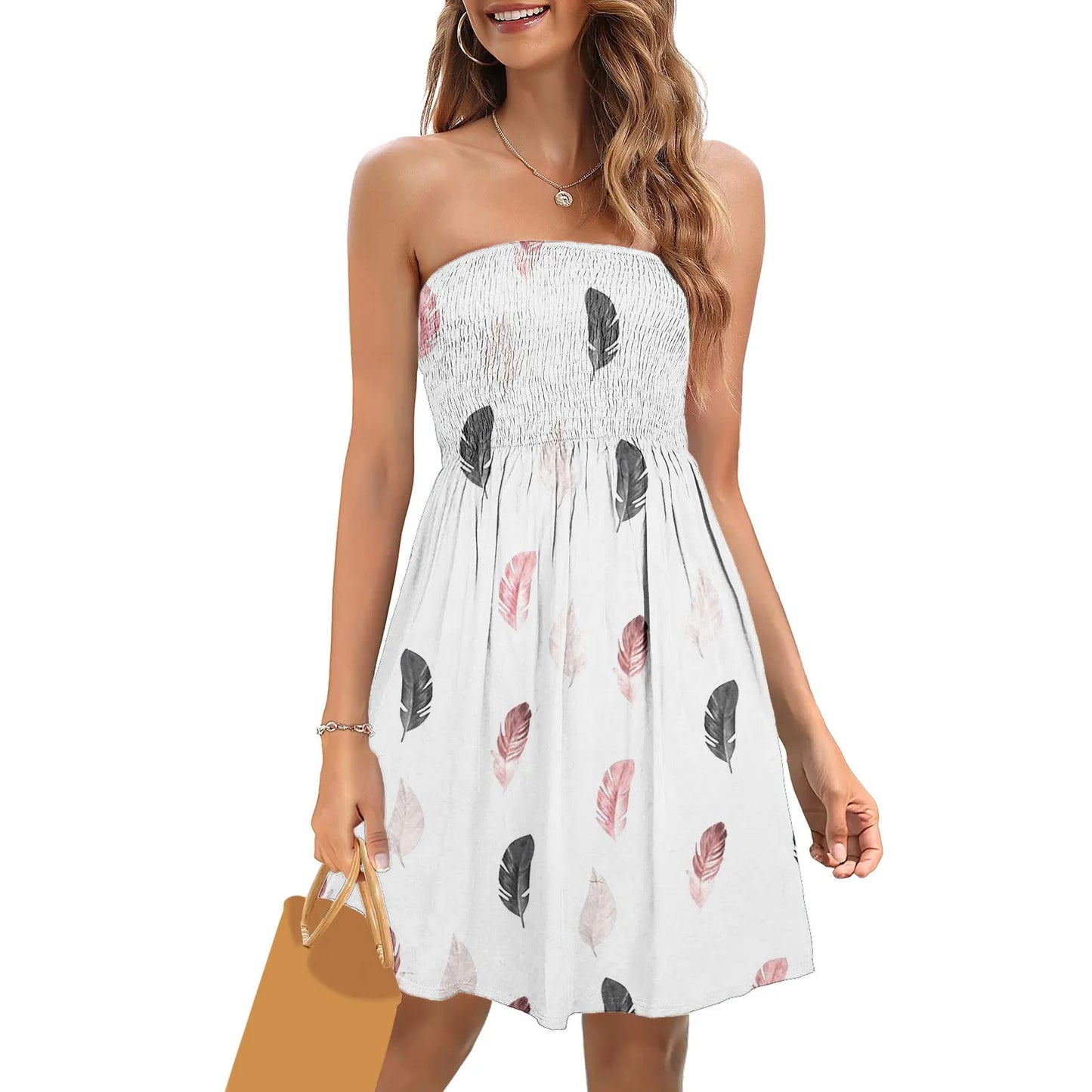 Strapless Off Shoulder Tube Beach Dress Women Feather Print Sleeveless Pleated Short Dress Bandeau Elastic Mini Summer Dress