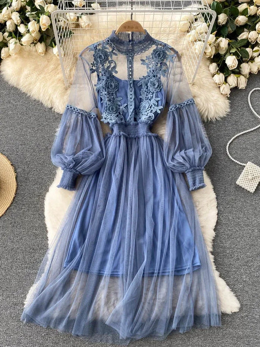 Ladies Dress Three-dimensional Flower Hook Mesh Stand Collar Lantern Sleeve High Waist Female Dresses