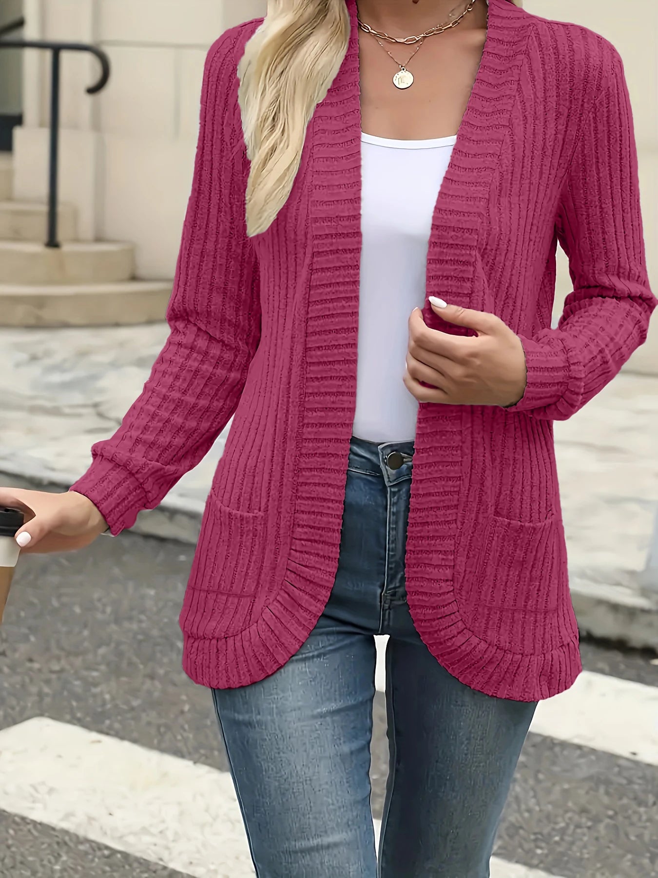 fashion women's solid color casual pit stripe brushed cardigan jacket