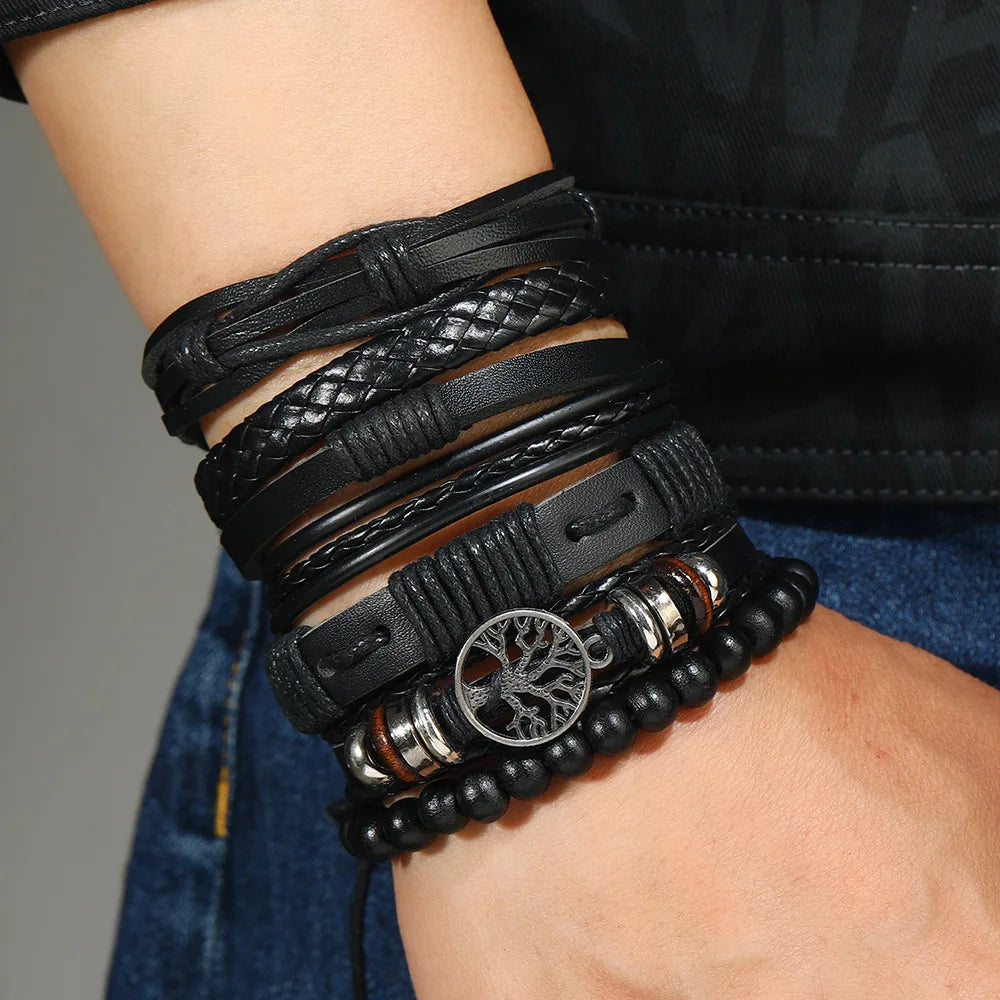 Casual Bead 6 Pc/set Tree Black Khaki Handmade Men Bracelets Male Women Leather Bracelets Men Bangle