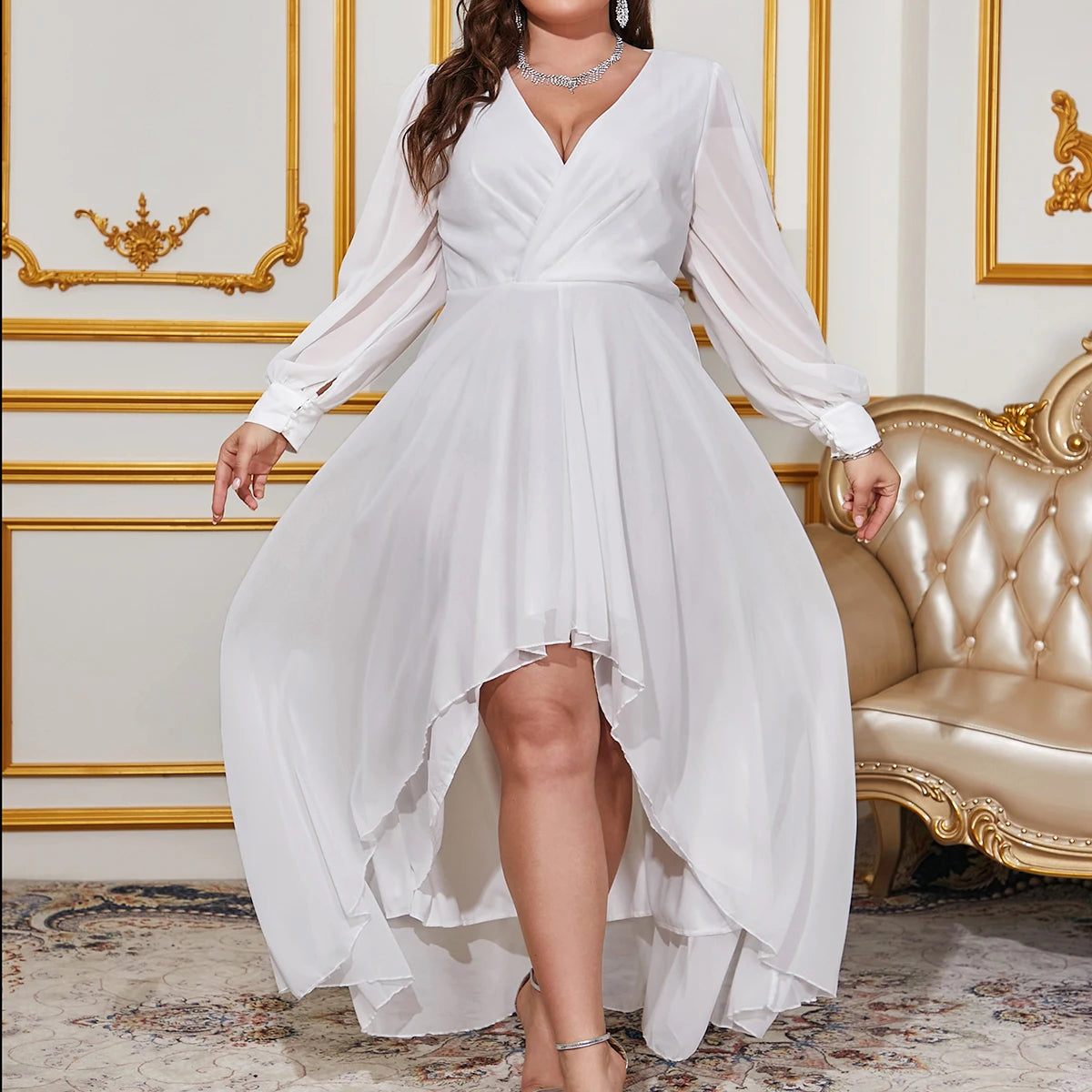 Chiffon Spring V Neck Long Sleeves Pleated A Line Midi Length  Dress