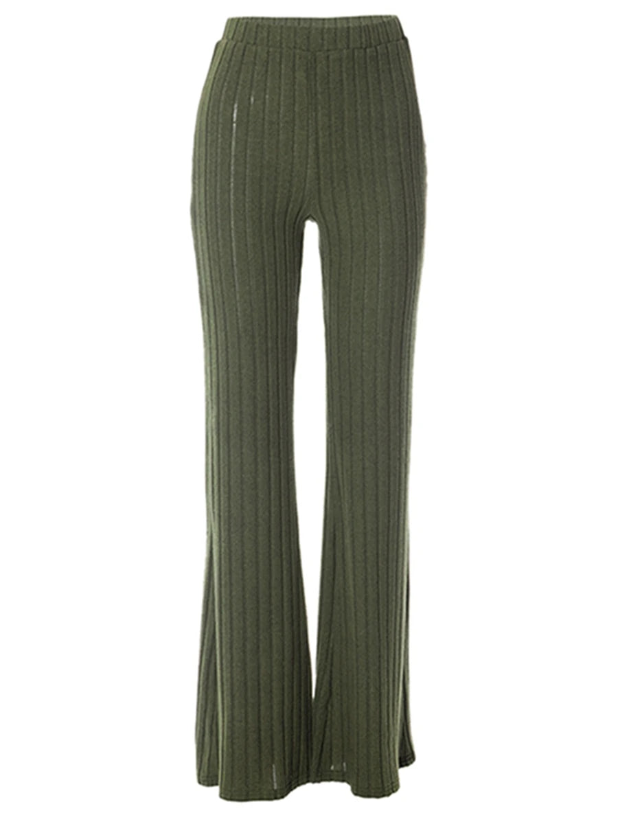 Women High Waist Flared Pants Casual Solid Color Ribbed Bell Bottoms Elastic Bootcut Trousers Streetwear