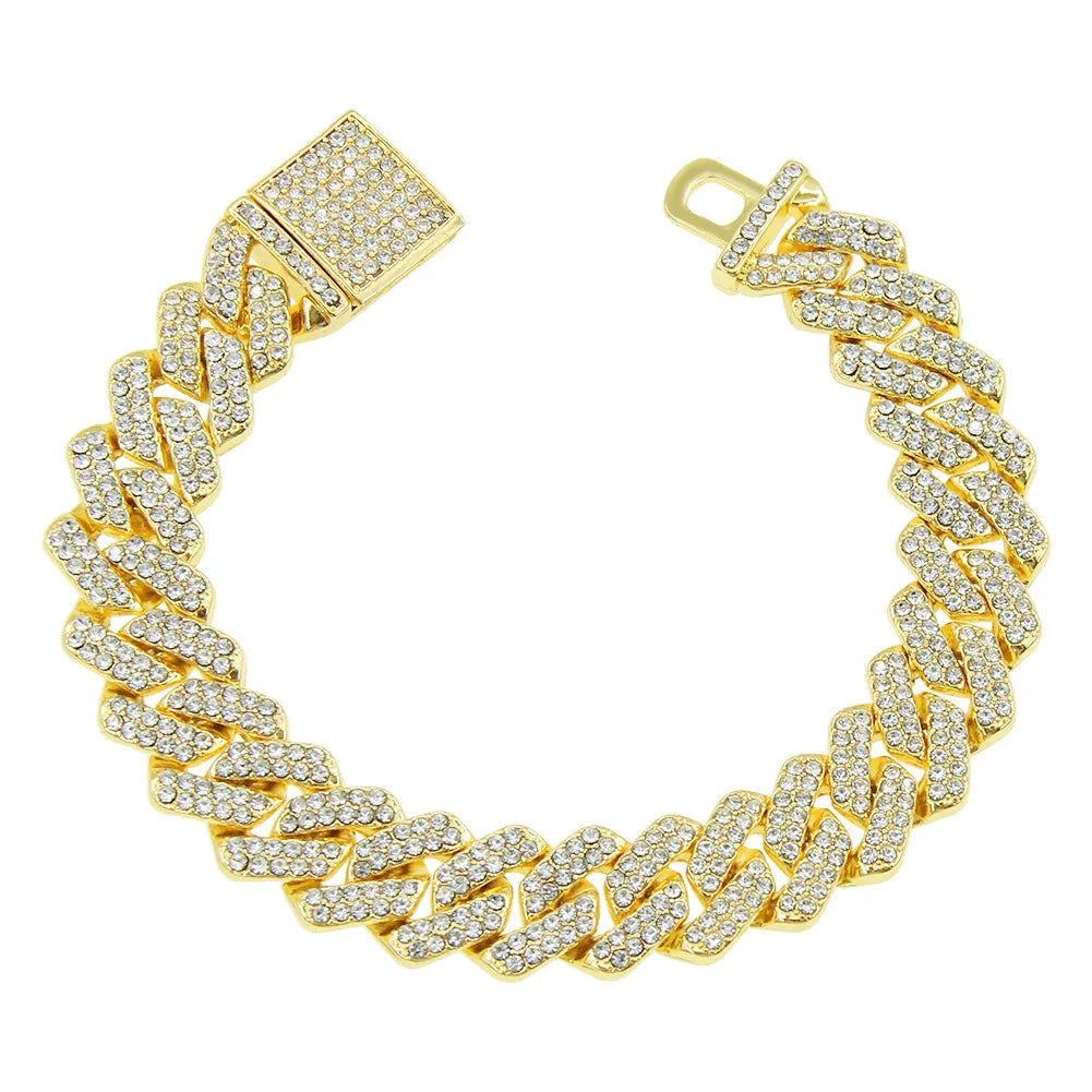 14MM 2 Row Rhinestone Paved Miami Rhombus Cuban Chain Men Women Prong Cuban Link Chain Bracelet Iced Out men Jewelry