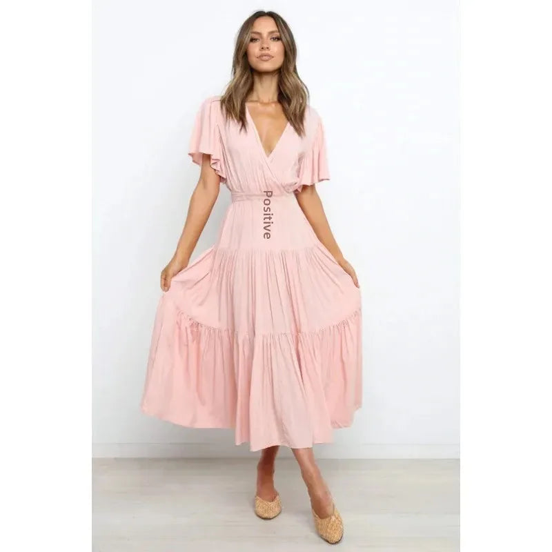Bohemian V-Neck Short Sleeve Waist-Cinched Dress Skirt Dress