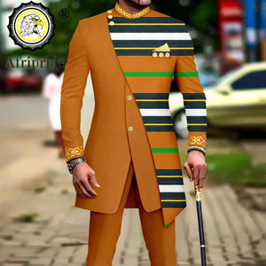 African Style Suits for Men Embroidery Print Blazer and Pants Set Business Dress Suit with Kerchief Party Wedding Evening