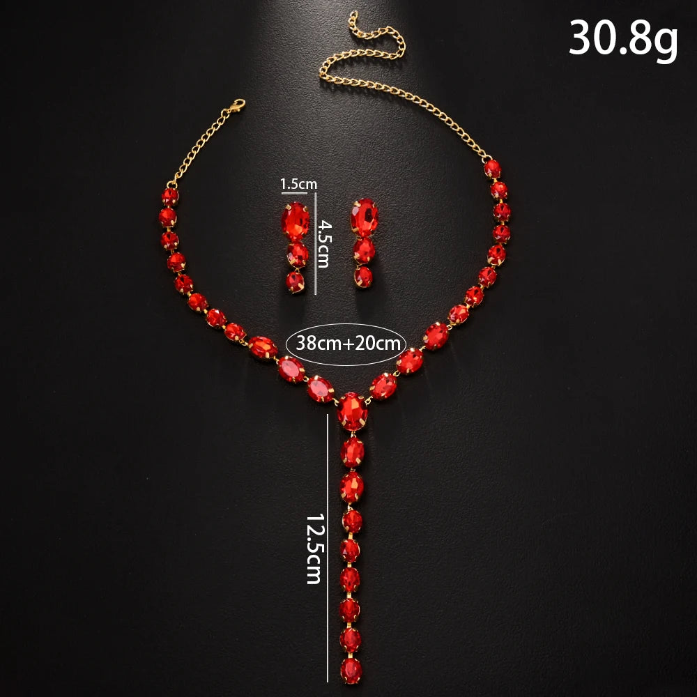 Red Y Shape Necklace Earring Set  Rhinestone Crystal Design