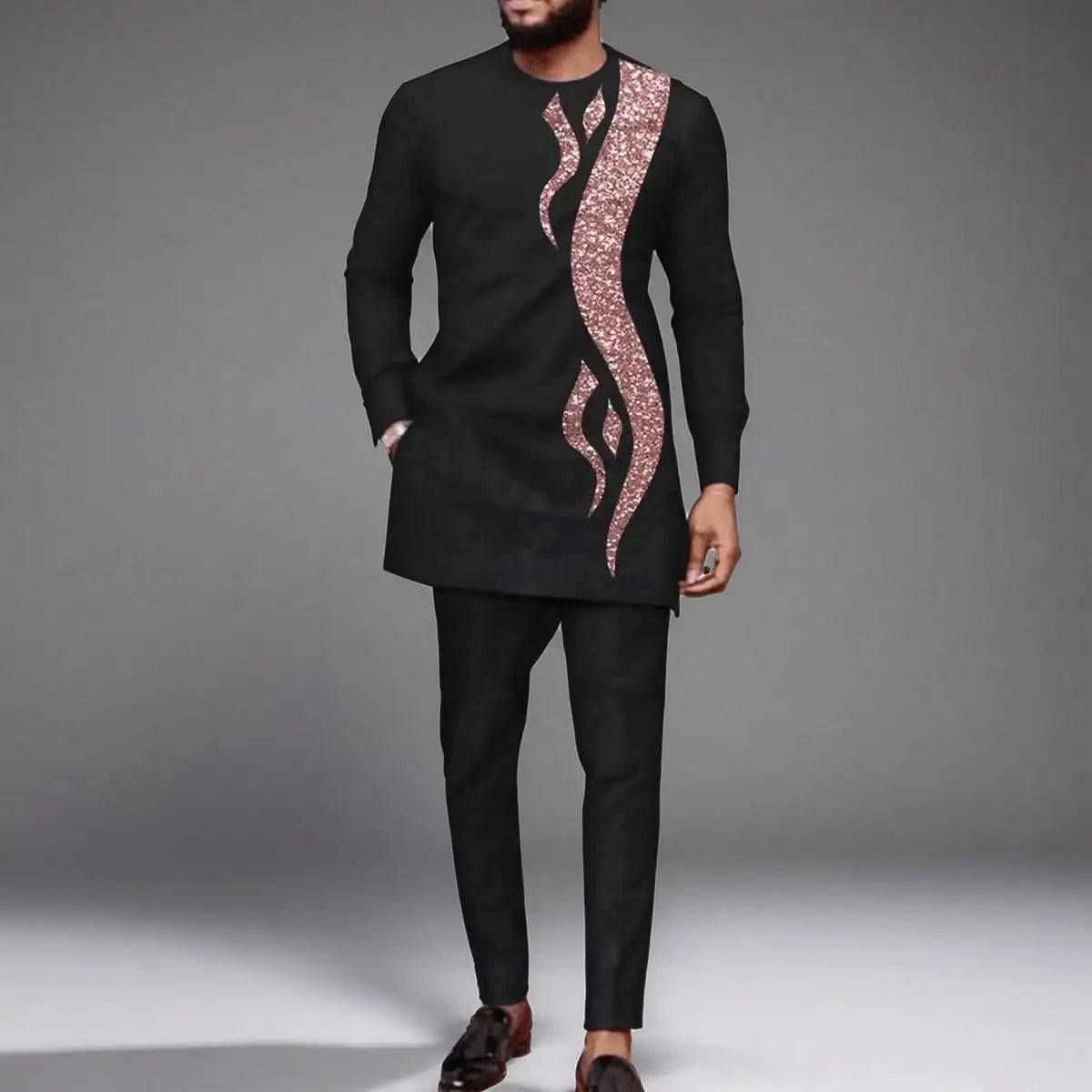 Men's  Wedding 2-Piece Suit Waist Pants Shirt Solid Color Panel Long Sleeve Party African Ethnic Style Clothing