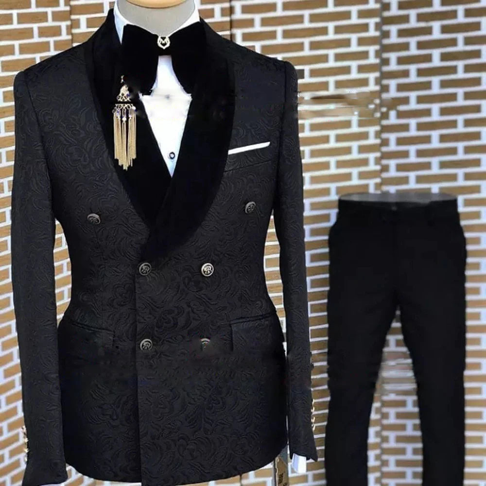 Gray Formal Suit for Men Floral Jacket Pants 2 Piece Set Tuxedo Elegant Men's Suit Handsome Blazer