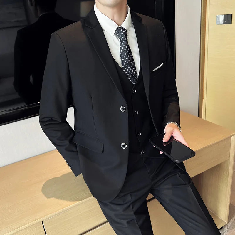 Men's High-Quality 3-Piece Business Casual Wedding Suit Vest Trousers Set Handsome Fashion Banquet Clothing