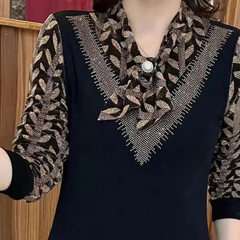 Loose Casual Office Retro BOW Chiffon V Neck Long Sleeve Chic Tops