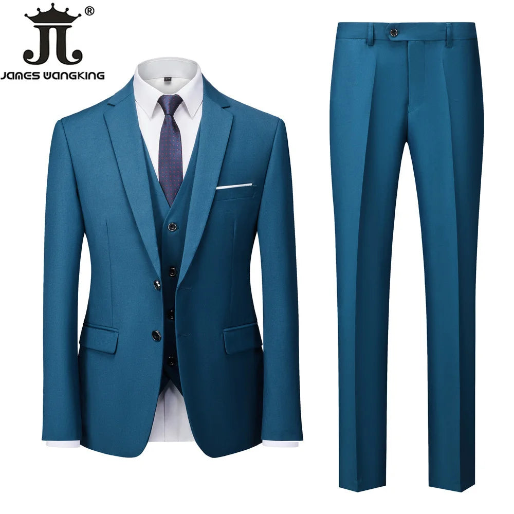 Jacket + Vest + Pants  Boutique Solid Color Men's Official Business Suit Bride's Wedding Dress Party Male Suit