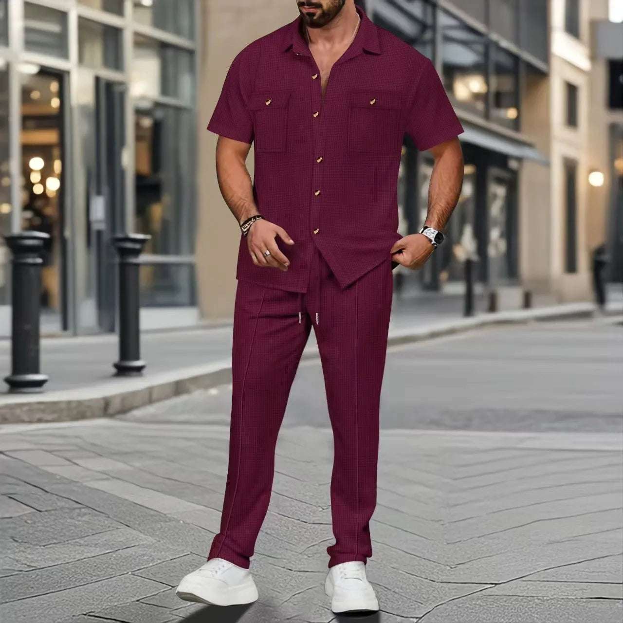 cross-border men's summer new solid color button-up pocket shirt short-sleeved trousers two-piece set