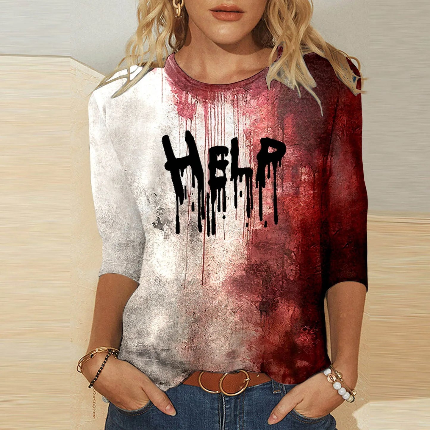 Bloody Fonts T-Shirt Halloween Ladies Printed Long Sleeve Crew Neck T Shirt Top Distressed