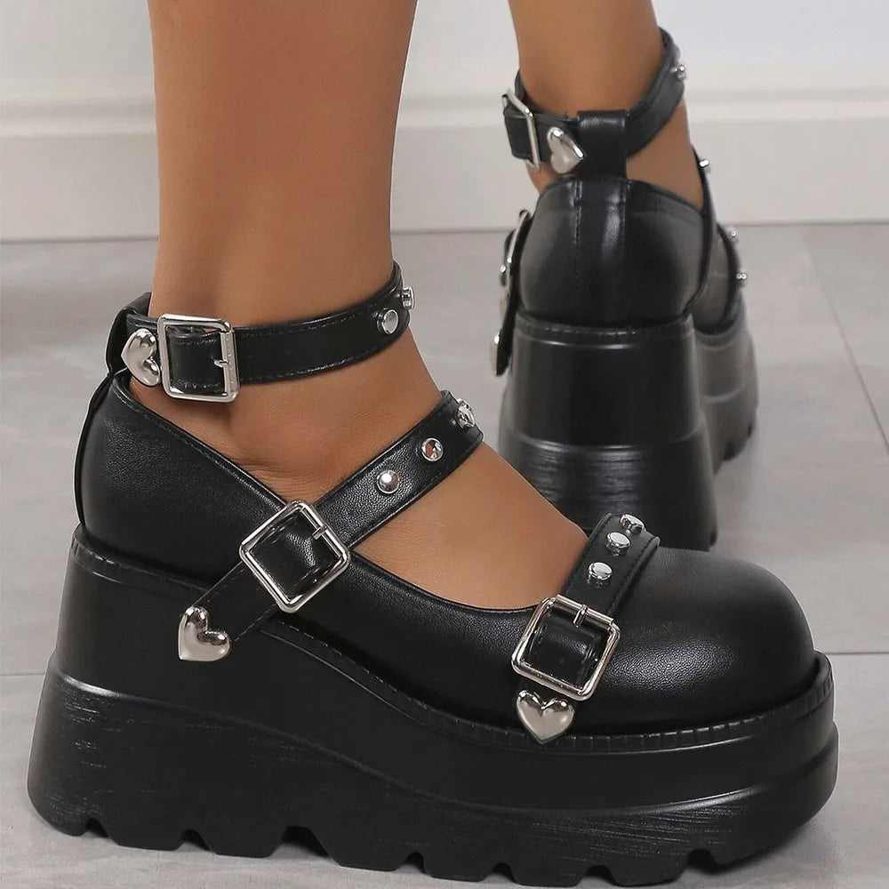 Retro Round Toe Heel Studded Punk Mary Jane