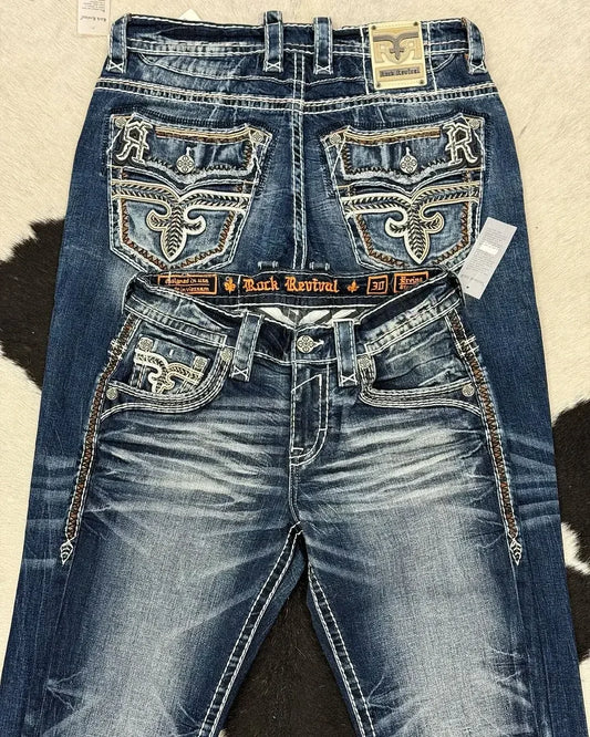 Jeans Leaf Booties American Street Retro Embroidery Loose Casual Jeans High Waist Wide Leg Washed Street Casual Pants