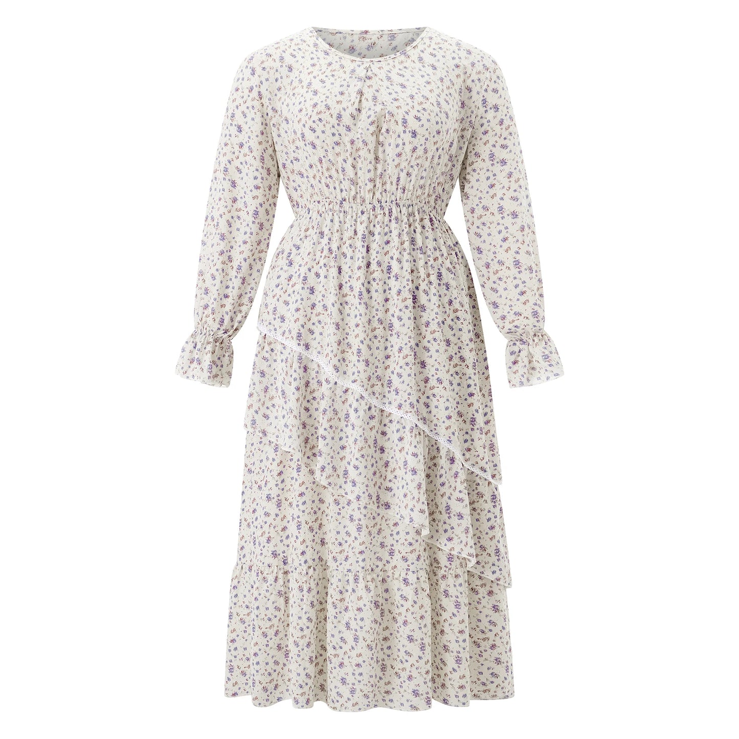 Women Plus Size Long Sleeve Dress Elegant O-Neck Belted Maxi Dress with Pockets