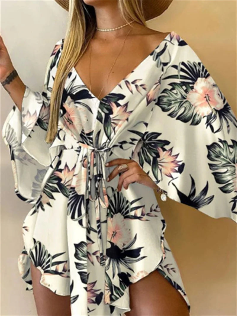 Women Print Dress Sexy V-Neck Bat Sleeve Ruffle Flowers Print Bohemian Beach Sundress Ladies Loose Summer Vacation Mini Dresses
