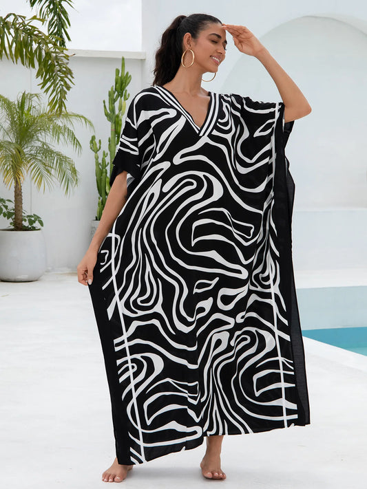Curly Stripes Women  Loose Fitting Long Robe Beach Vacation V-neck Sunscreen Clothing