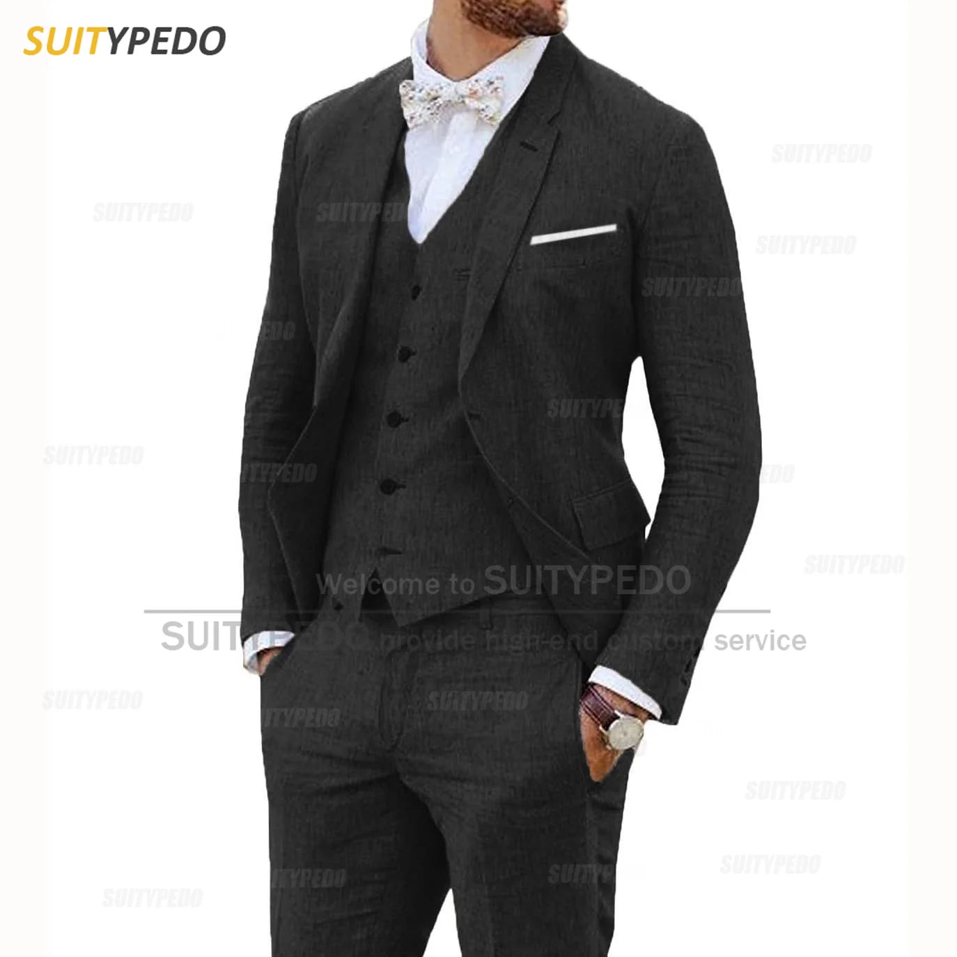 Linen Suits for Men 3 Pieces Casual Slim Fit Suit Blazer Vest Pants Set Formal Prom Wedding Tuxedos for Groomsmen Best Man