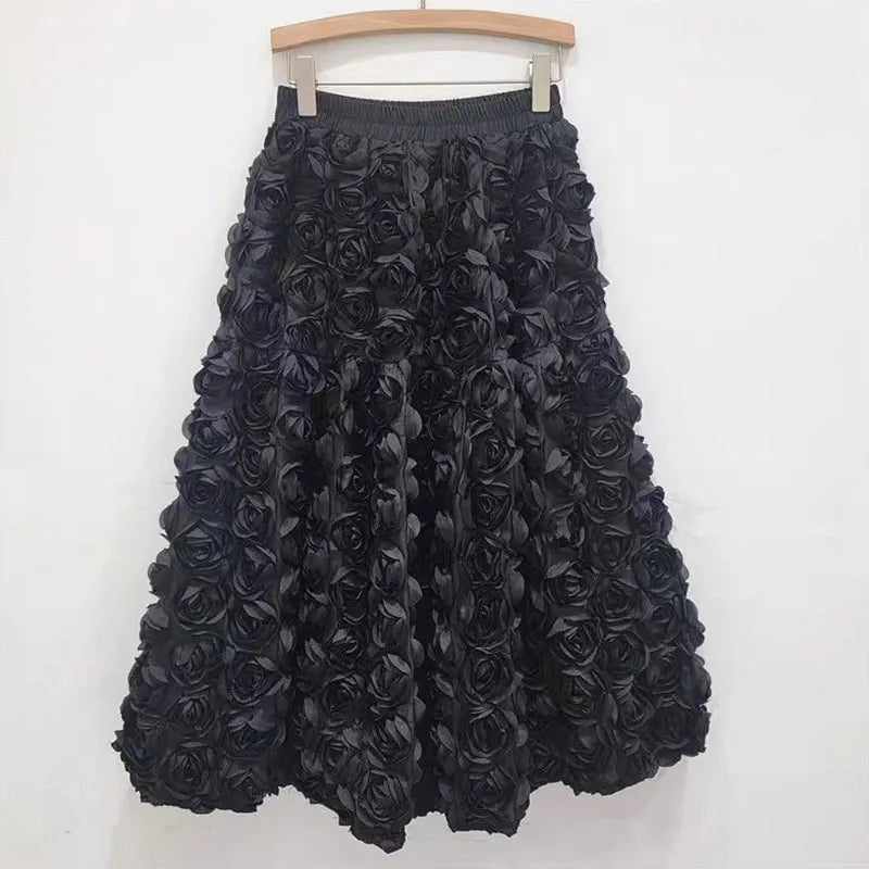 Three Dimensional Flower Mid-calf  High Waist Big Swing  A-line Skirt