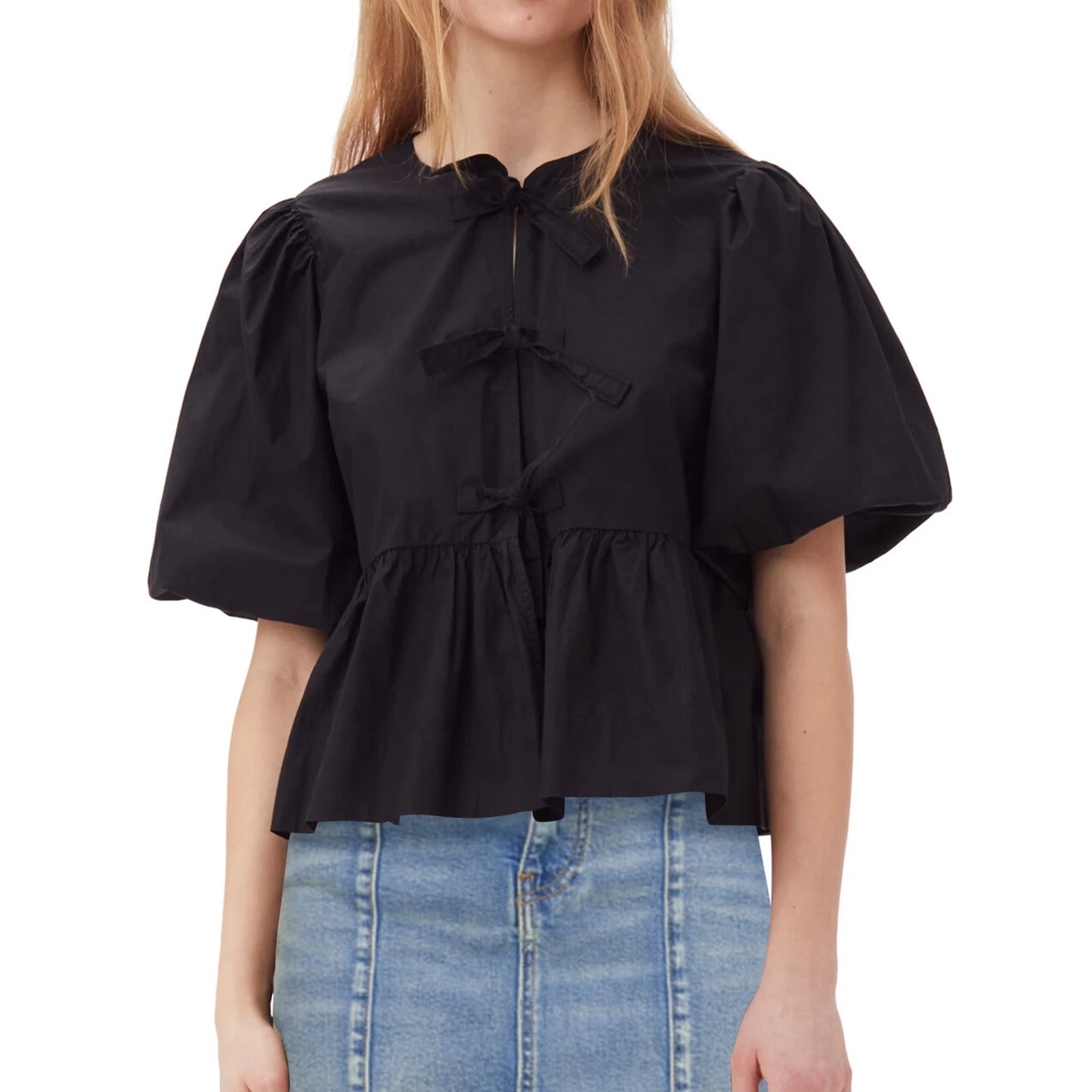 Fashion Women Peplum Shirt Puff Short Sleeve Lace Up Bow Blouse Tie Open Front