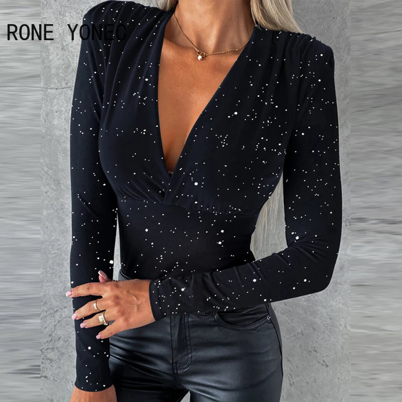 Chic Glitter Basics Deep V Neck Long Sleeves  Blouse