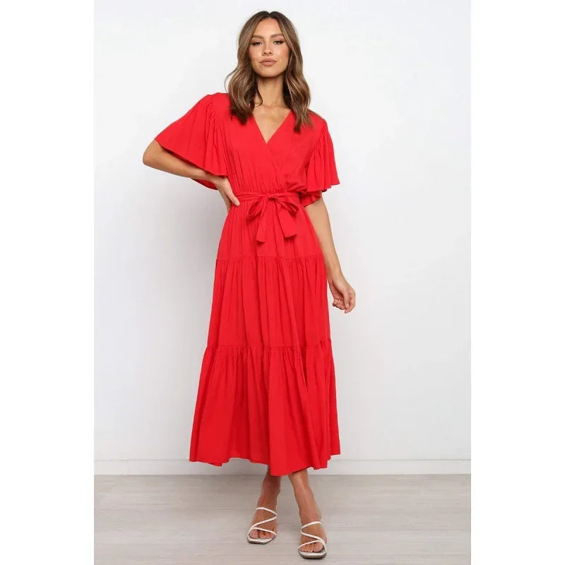 Bohemian V-Neck Short Sleeve Waist-Cinched Dress Skirt Dress