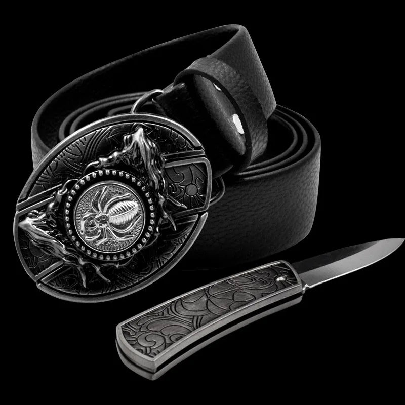 Adult Carved Invisible Knife Buckle Waist Belt Adjustable Personality Genuine Waist Belt