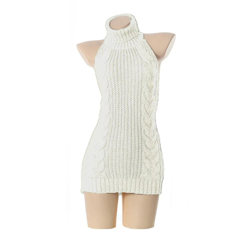Fashion Backless Sleeveless Off Shoulder Knitted Pullover Sweaters Turtleneck Jumper