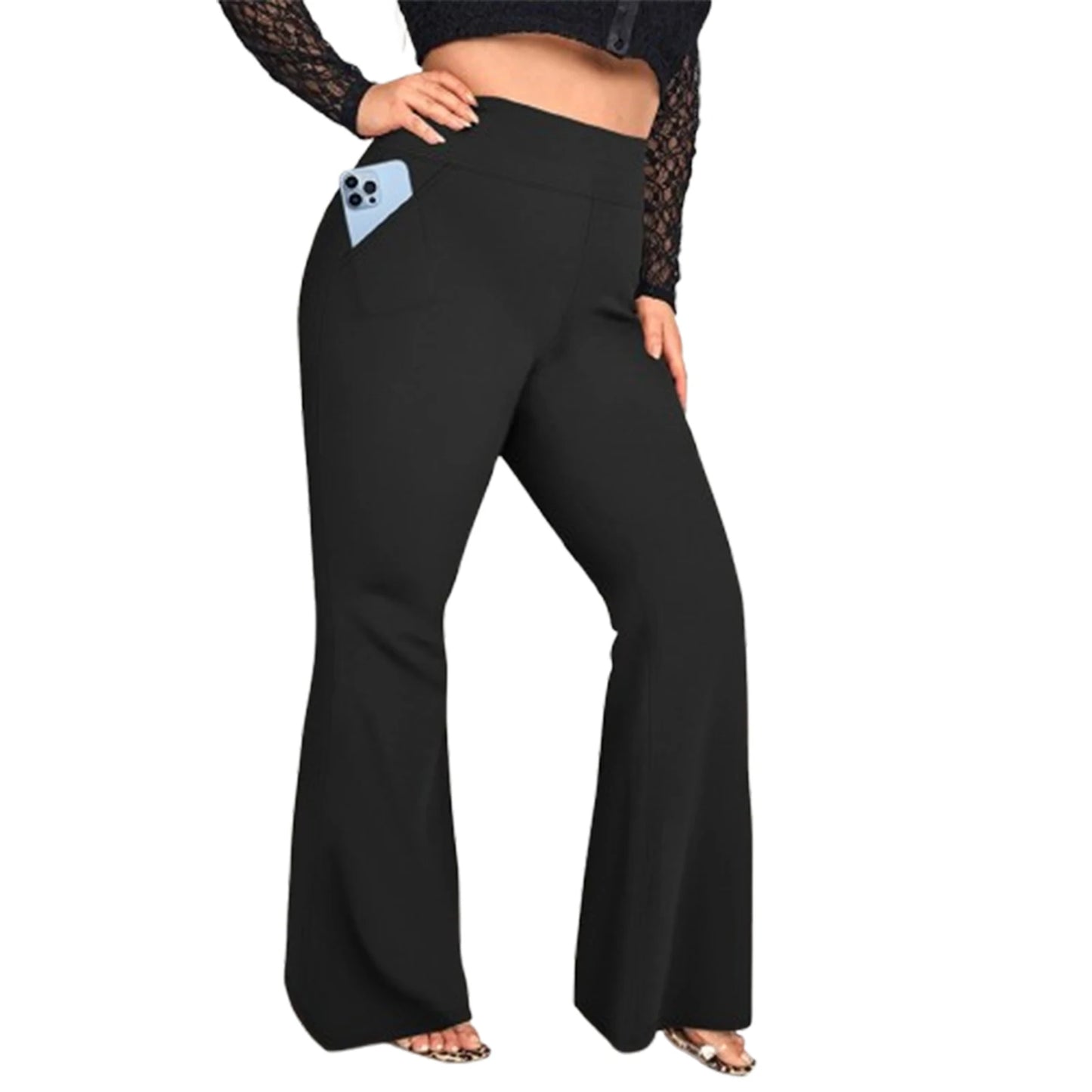 Women Plus Size High Waist Wide Leg Palazzo Pants Solid Color Elastic Waist Flare Trousers Yoga