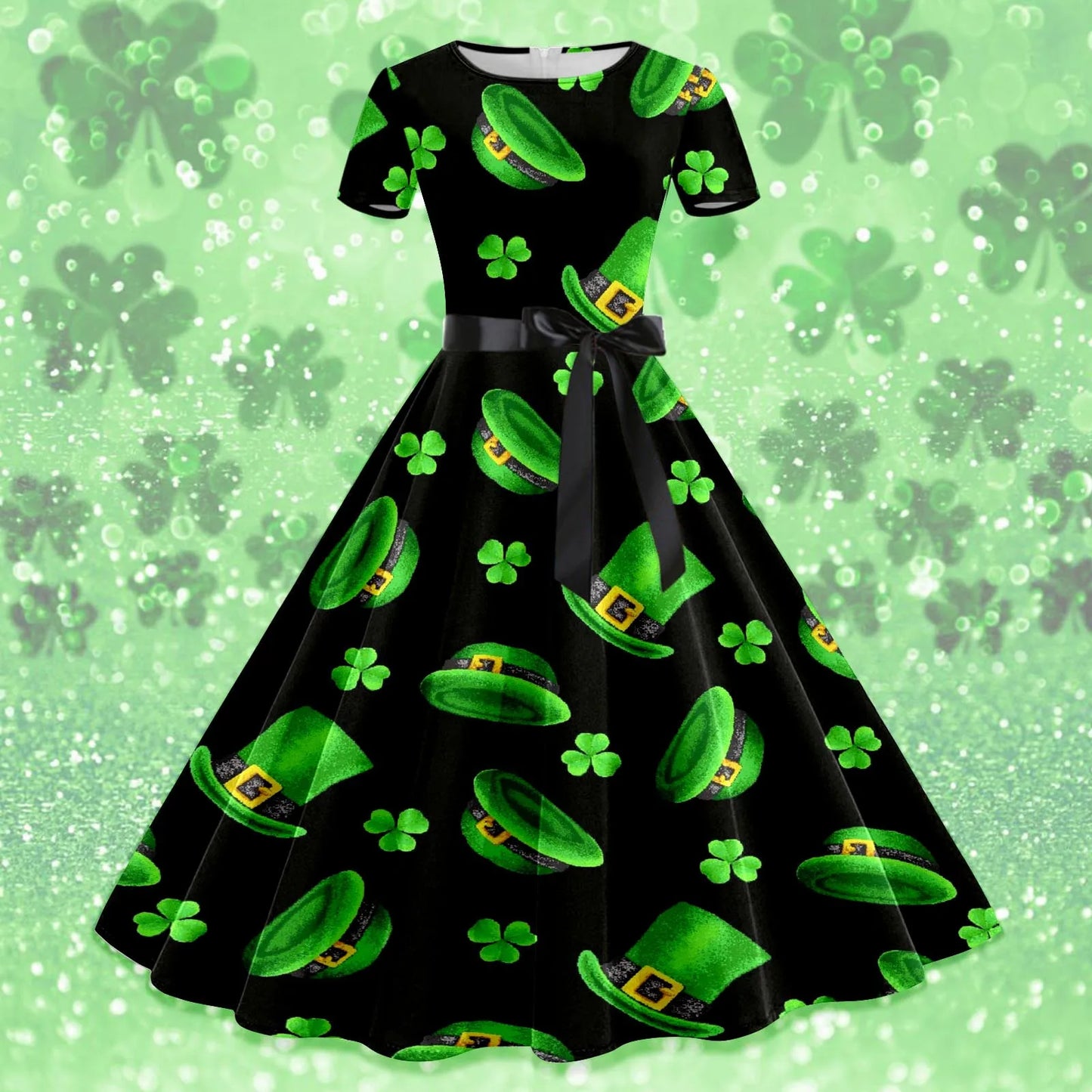 Shamrock Print Women St. Patrick's Day Dress Large Swing Short Sleeve A Line  Dress