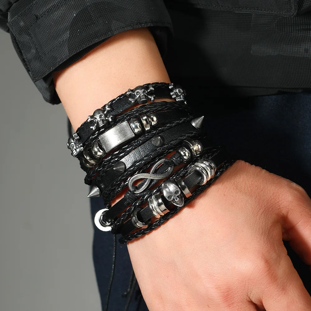 1 Fashion Bracelet Viking Bracelet For Men Hand Bracelets Woven Skull Hand Jewelry Adjustable Leather Set Bracelet