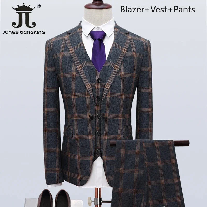 ( Blazer + Vest + Pants ) Boutique British Style Men's Suit Plaid Dress Business Casual Formal Suits 3Pcs Set