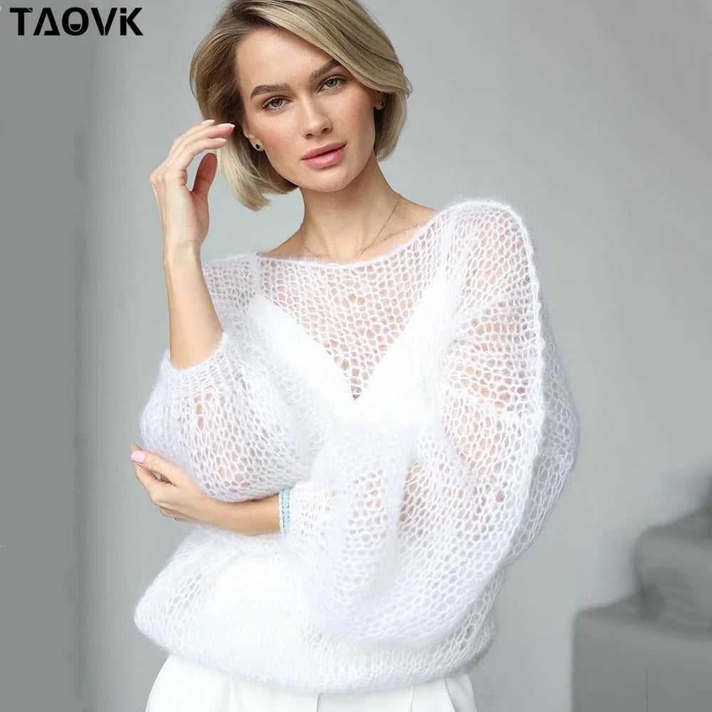 Women's Knitted Sweaters Lady Hollow out Mesh Thin Pullover See Through Look Lantern Sleeve Loose Tops Smock