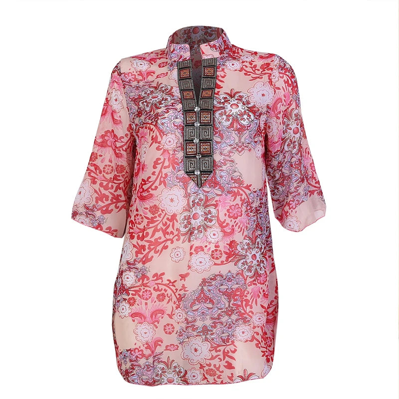 Long Chiffon Printing Flare Sleeve Floral Blouse