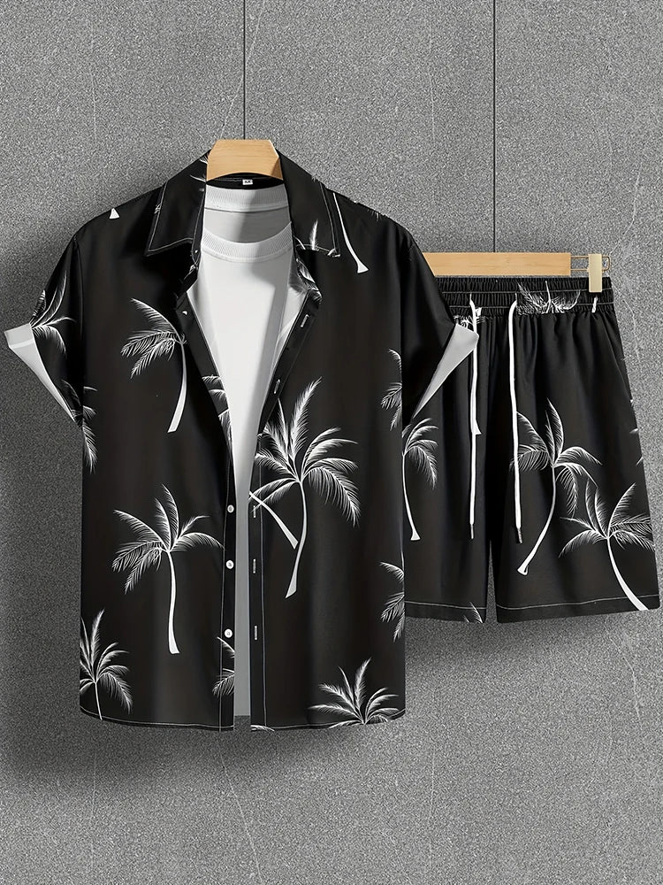 Fashion Hawaii Set Coconut Print Men's Shirt 2 Piece Luxury 3D Holiday Set Short Sleeve Casual Shirt Beach Two Piece Men's Set