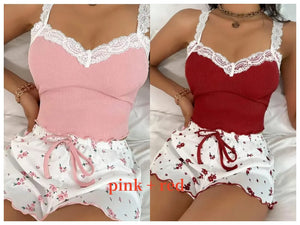 Women 2pc Pajama Set Pink Lace Patchwork V-Neck Sleepwear Sexy Nighties Suit Cami Top Printed Shorts