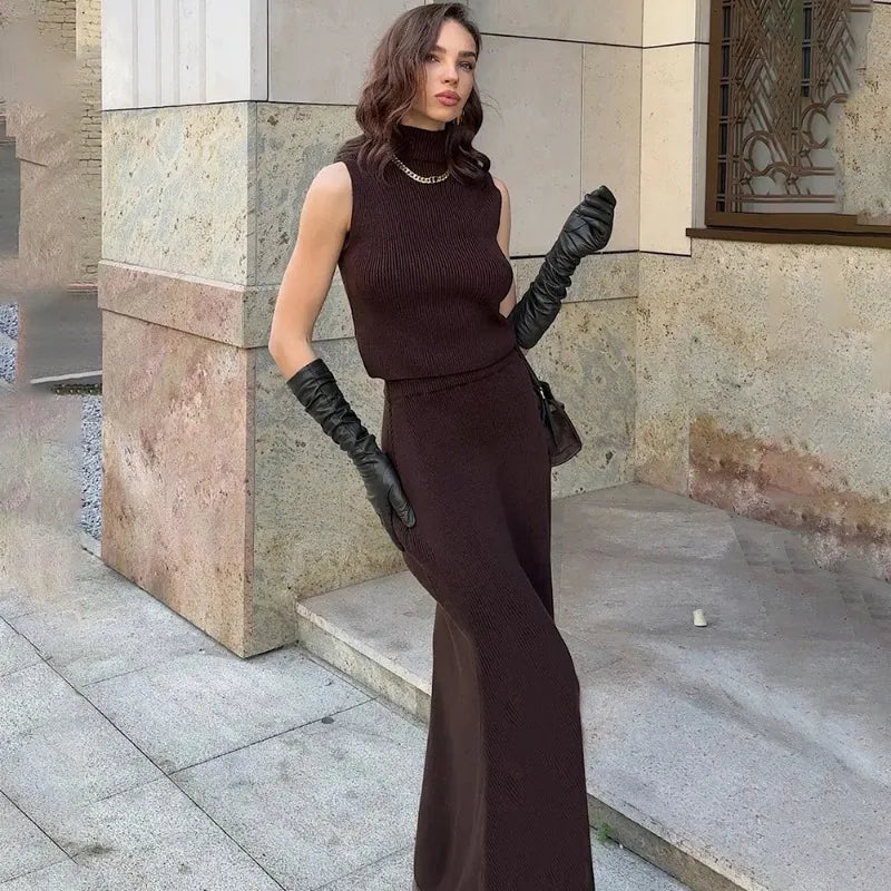 Elegant Long Skirt Two-piece Set Women's Sleeveless Knitted Turtleneck Vest and Skirt Set