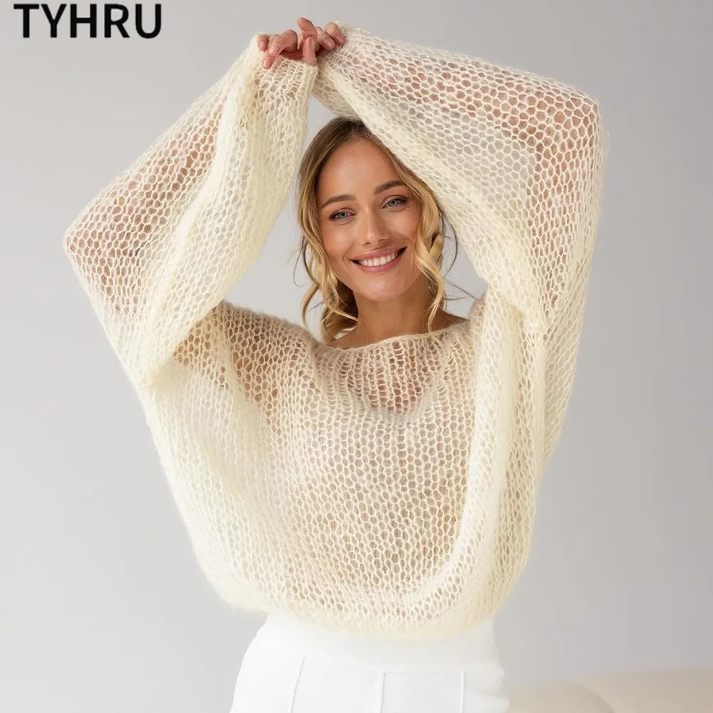 Women's Knitted Sweaters Lady Hollow out Mesh Thin Pullover See Through Look Lantern Sleeve Loose Tops Smock