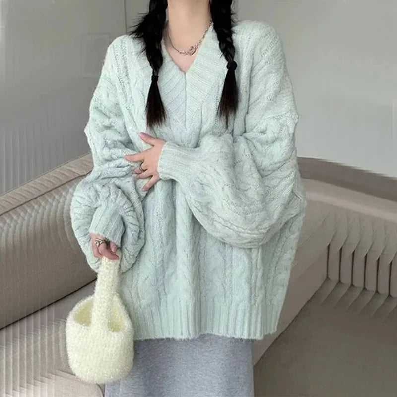 Women's Sweater Oversized Knitted Pullovers Long Sleeve V Neck Knitwear Preppy Solid Loose Jumper