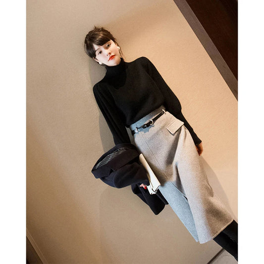 Belt Woolen  Slit Hip Wrap High Waist Slim A Line Skirt