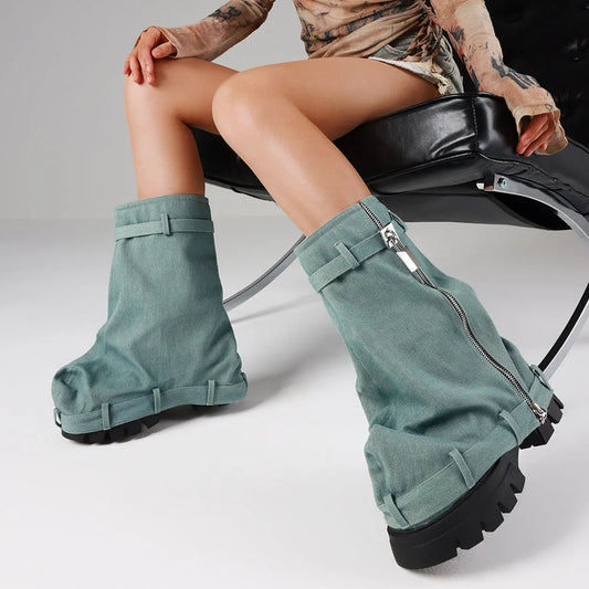Punk  Fold Over Boots Slouchy Boots Wide Calf Pleated Platform Denim Boots Chunky Stacked Boots Mid Calf Boots