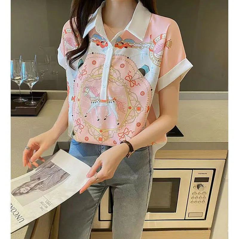 Casual Printed Polo-Neck Chiffon Blouse  Short Sleeve