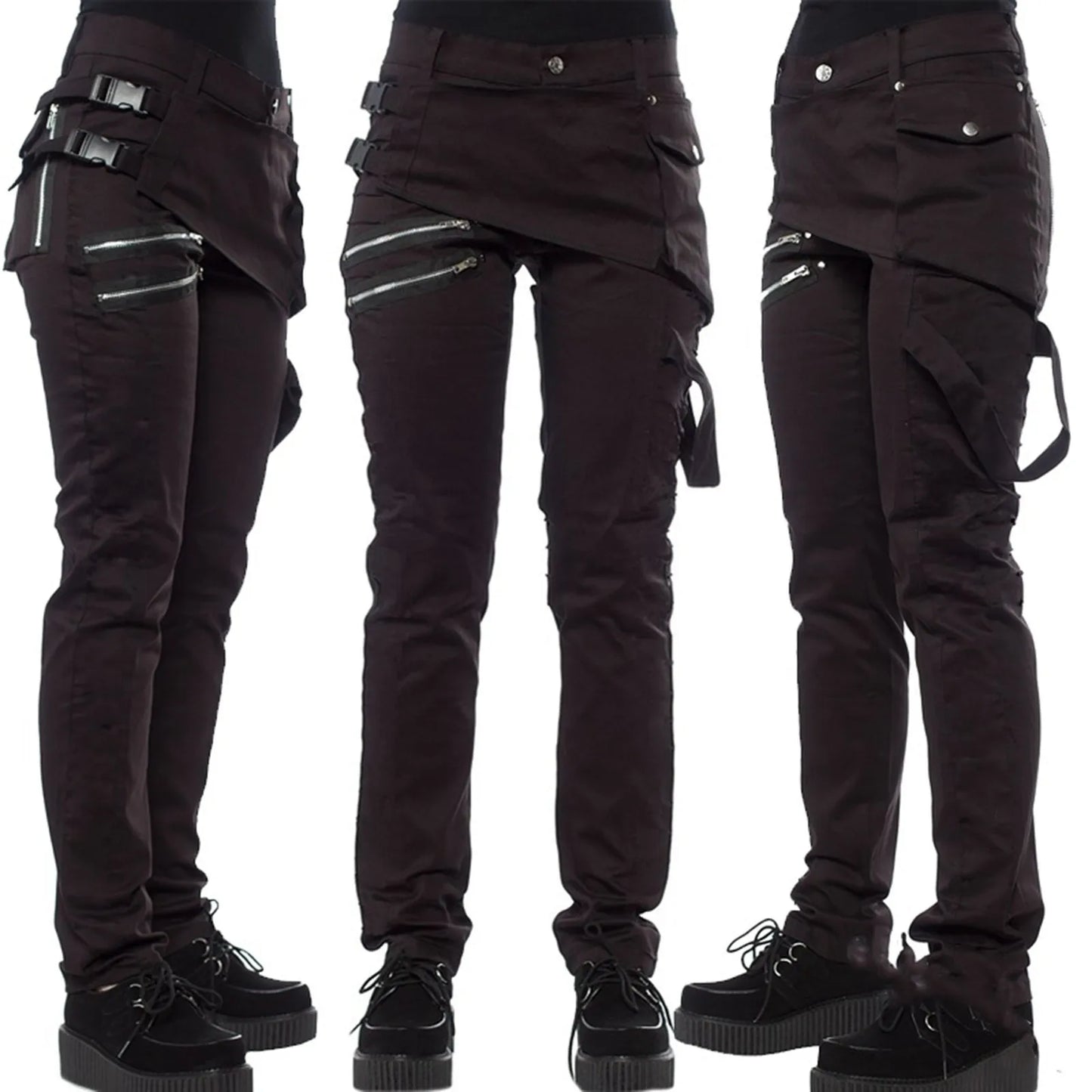 Women Gothic Pants Zipper Pockets Rivet Steampunk Trousers Rock Style Cargo Pants Cool Hip Hop Motorcycle