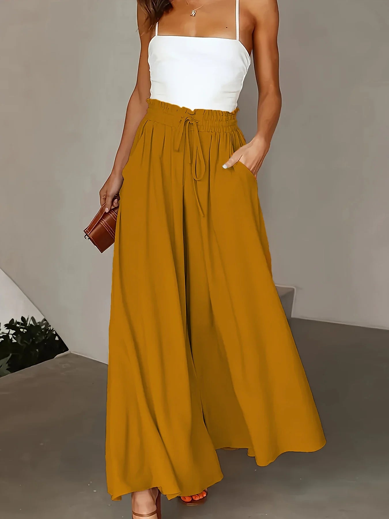 Plus Size Wide Leg Pants Comfortable Slight Stretch Fabric Elegant Solid Color Design Pocket Details Drawstring Elastic
