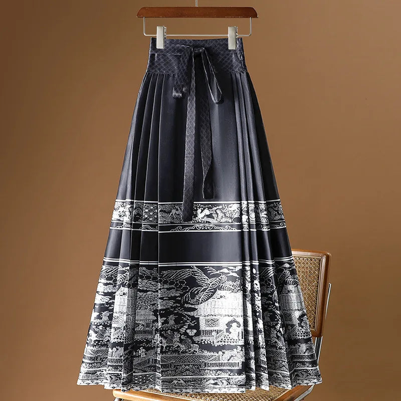 Vintage Maxi Chinese Style Horse Face Skirts  Pleated