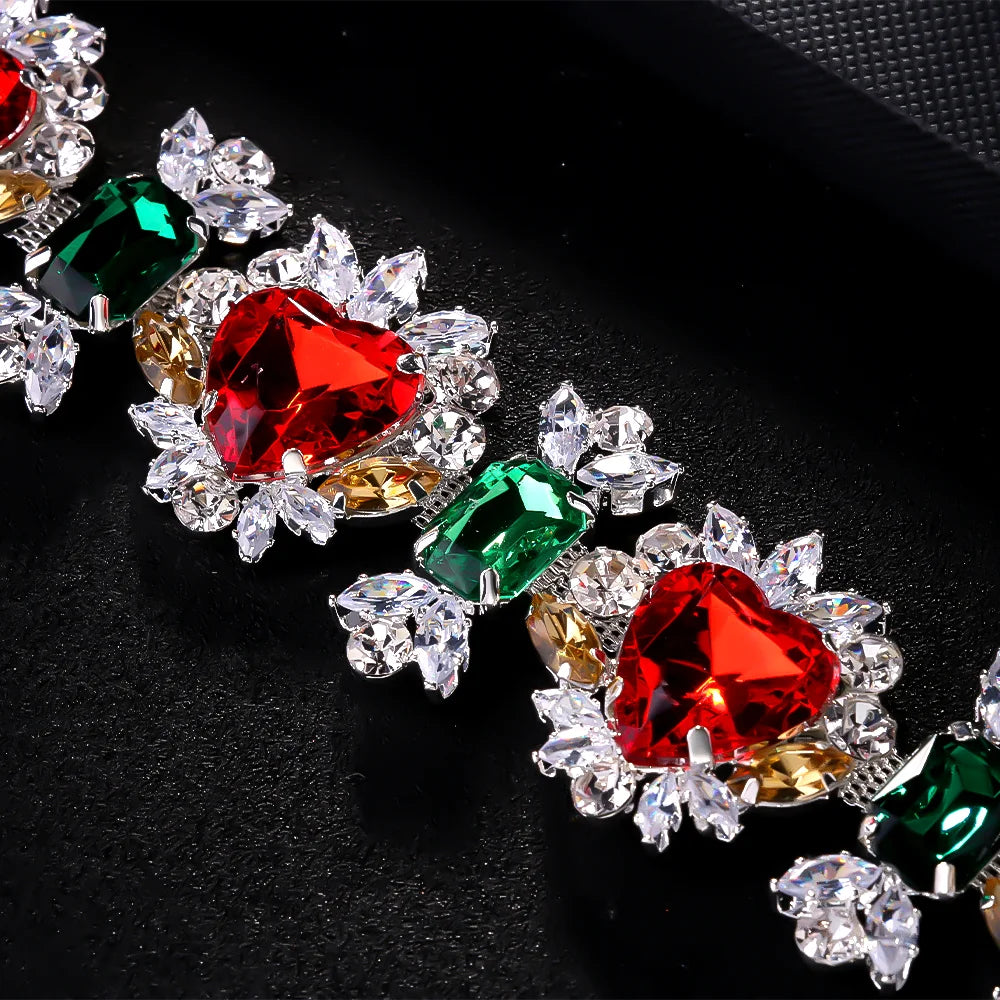 Multicolor Heart Necklace and Earring Set Charm Rhinestone Statement Jewelry Set