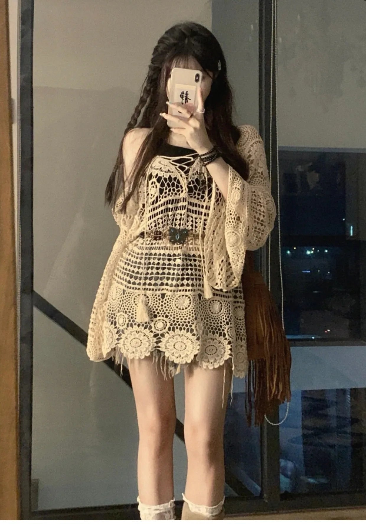 Crochet Tunic Top Boho Women Summer Beach Wear Lantern Sleeve Tassel V-Neck Open Knit Top