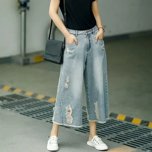 Capri Jeans Woman Ripped Jean Summer Clothes Baggy Capri Pants Wide Leg Denim High Waist Loose